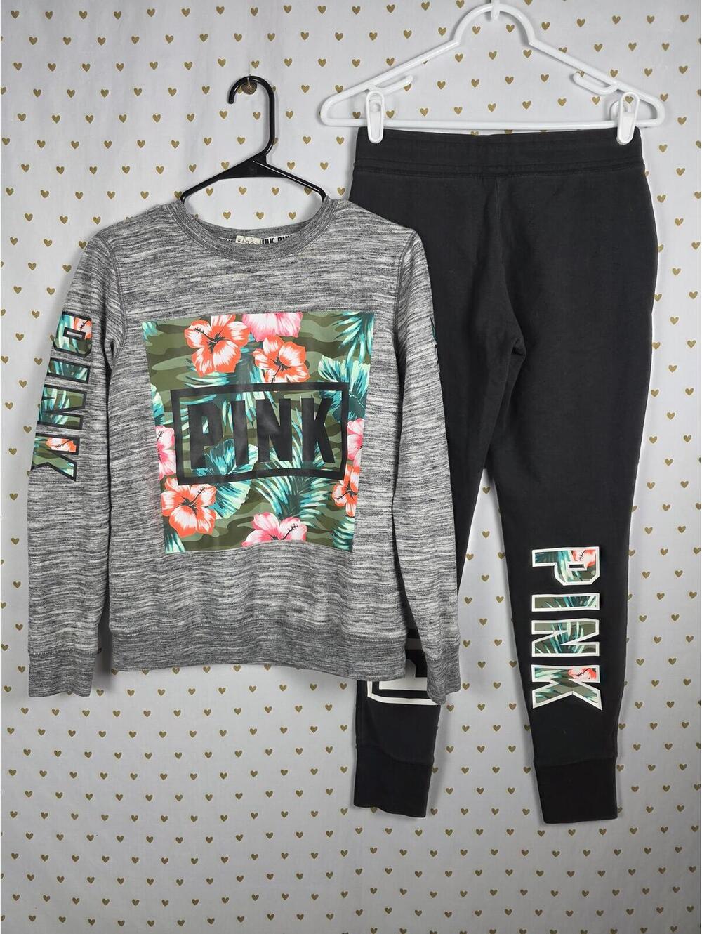 Victorias Secret Pink Hawaiian Floral SET 2pc Sweater Sweats Joggers XS Outfit